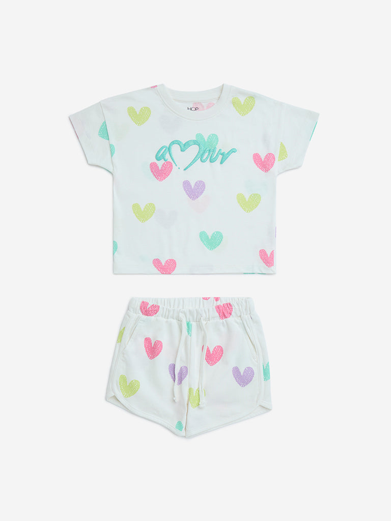 HOP Kids Off-White Hearts Design Cotton T-Shirt and Shorts Set