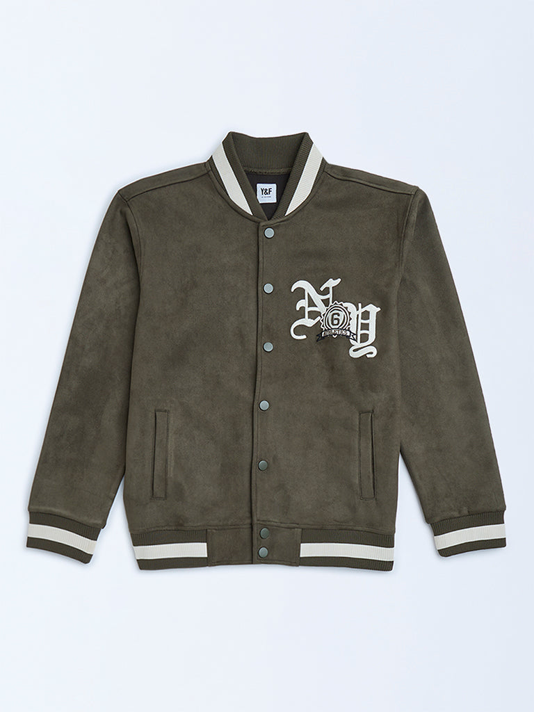 Y&F Kids Olive Text Detailed Suede Jacket
