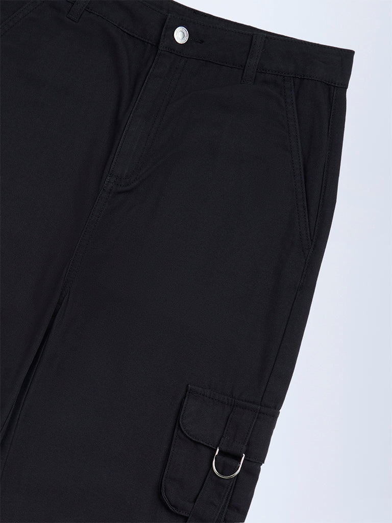 Y&F Kids Black Solid Mid-Rise Cotton Trousers