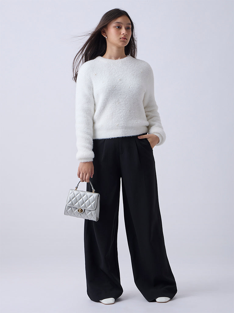 Y&F Kids White Pearl-Detailed Knitted Sweater