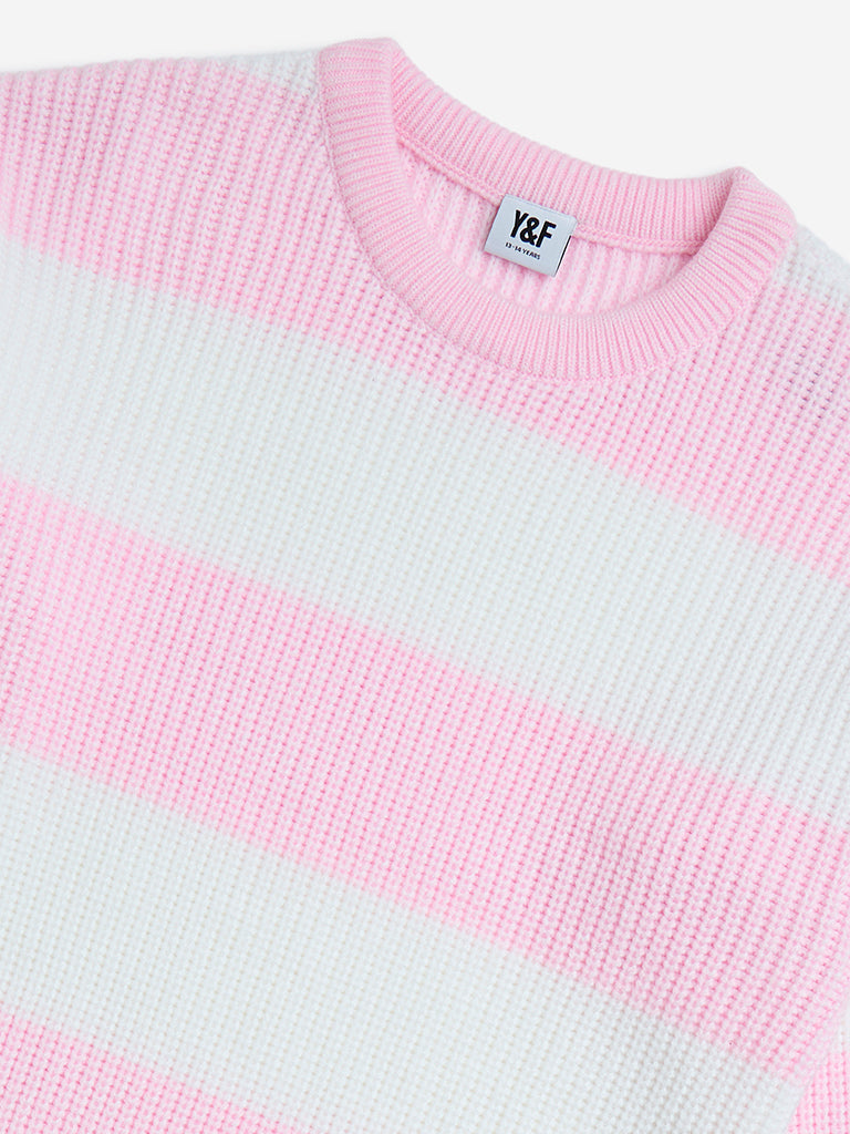 Y&F Kids Pink Striped Knit-Textured Sweater