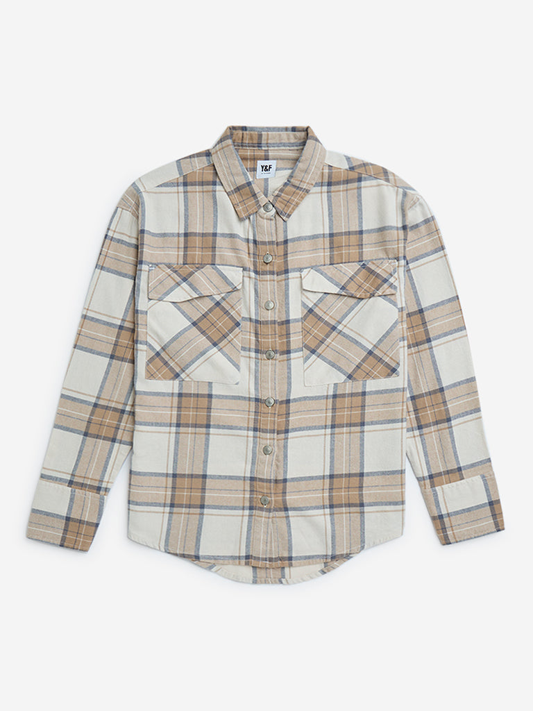 Y&F Kids Beige Flannel Checks Design Cotton Shirt