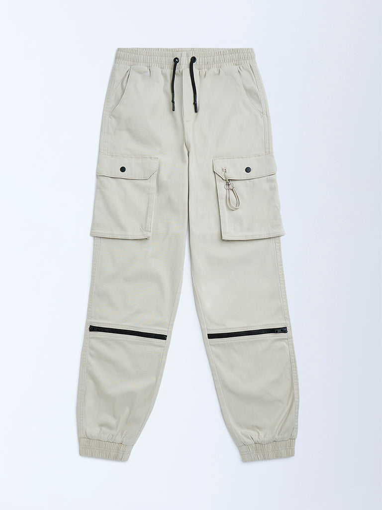 Y&F Kids Cream Mid-Rise Cotton-Blend Joggers