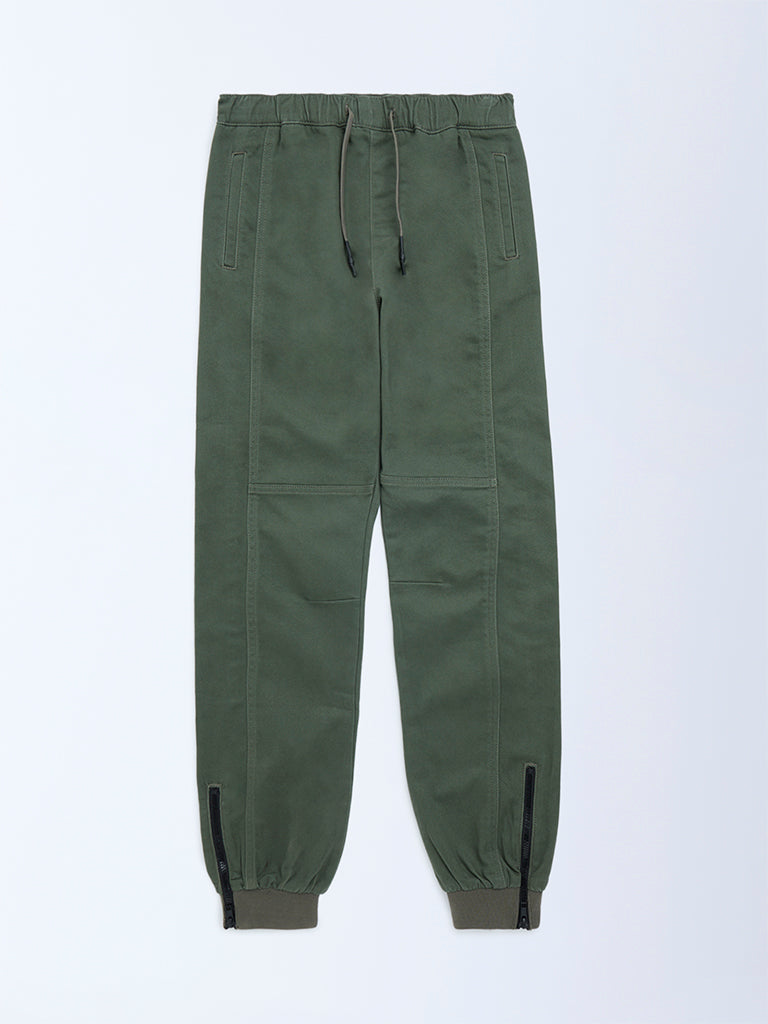 Y&F Kids Olive Mid-Rise Cotton-Blend Joggers