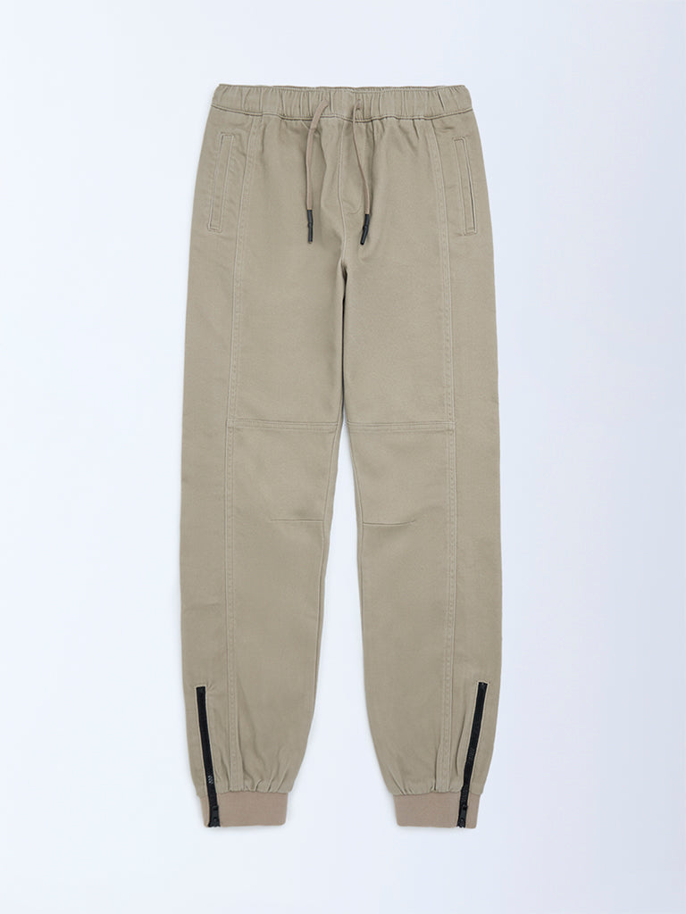 Y&F Kids Taupe Mid-Rise Cotton-Blend Joggers