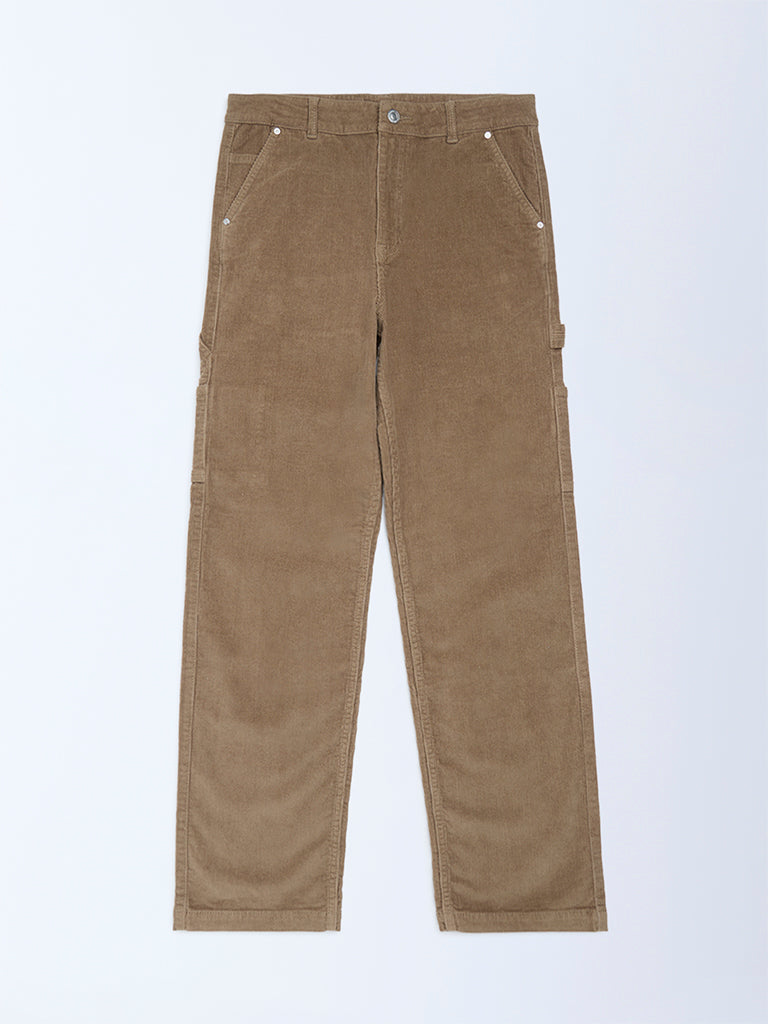 Y&F Kids Taupe Relaxed-Fit Mid-Rise Cotton-Blend Trousers