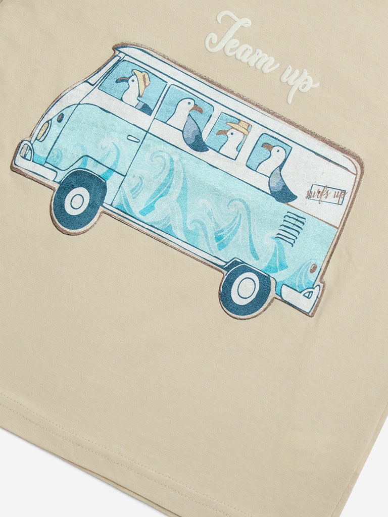 HOP Kids Beige Bus Printed Cotton T-Shirt