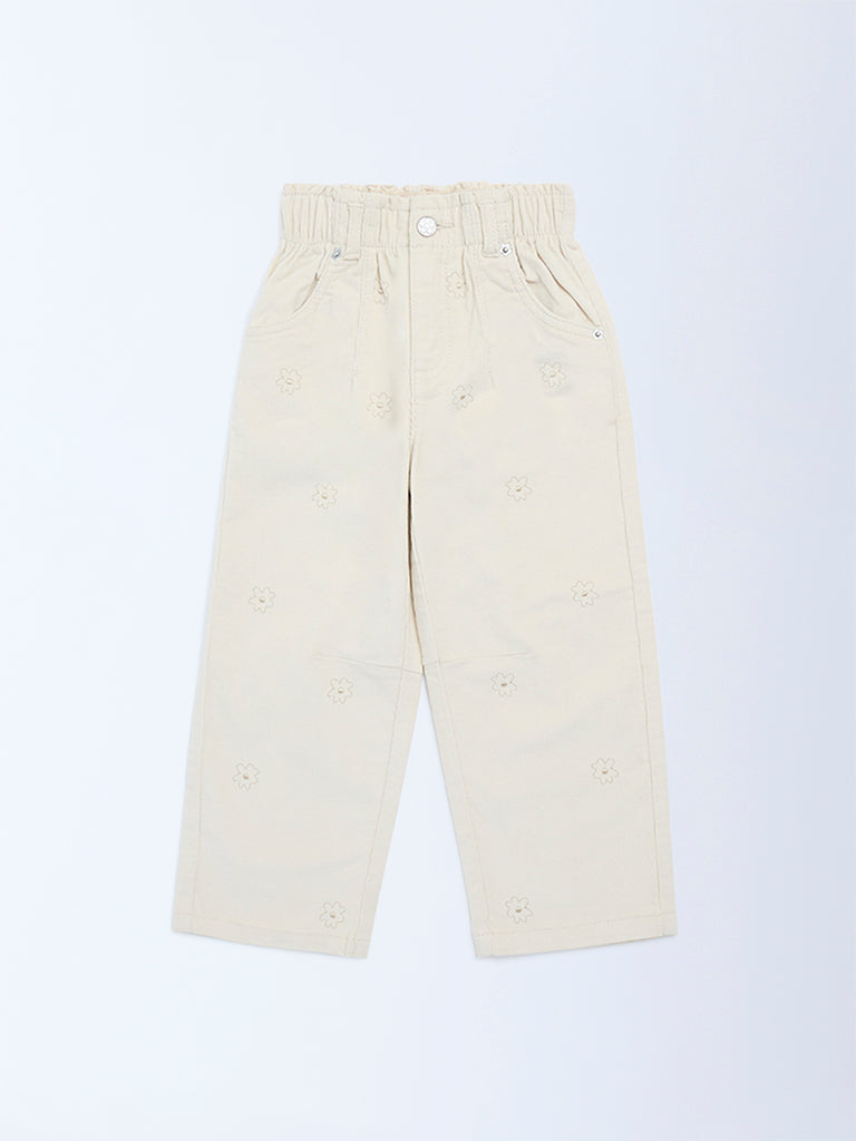 HOP Kids Beige Floral Printed High-Rise Corduroy Trousers