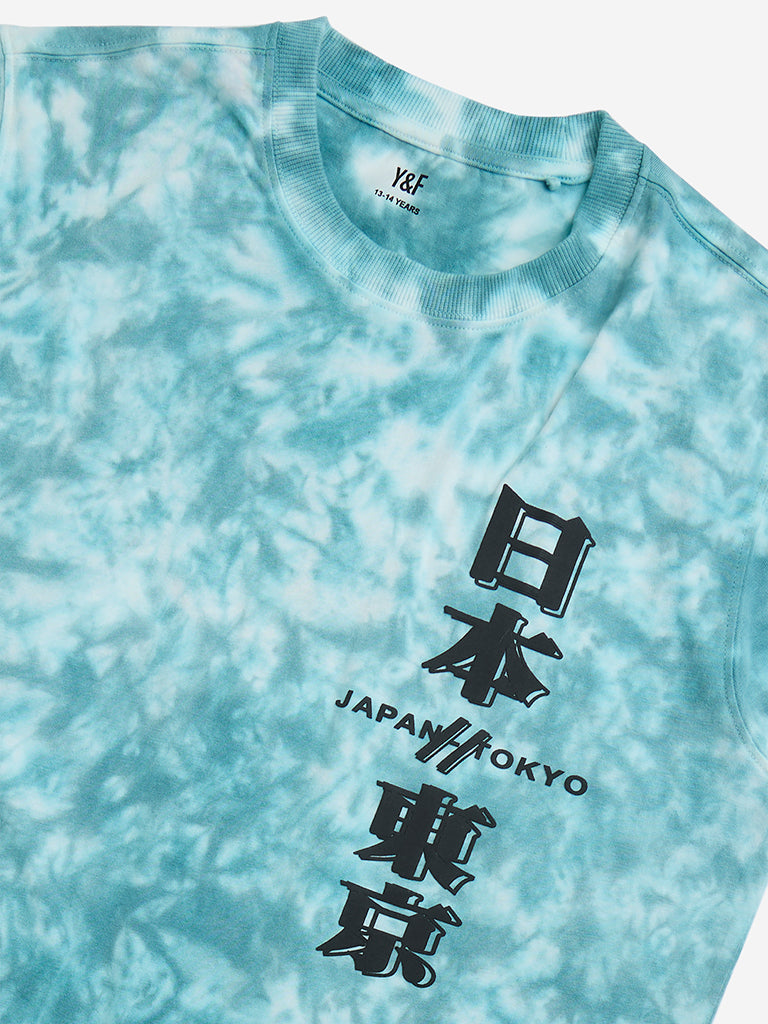 Y&F Kids Teal Tie-Dye Design Cotton T-Shirt