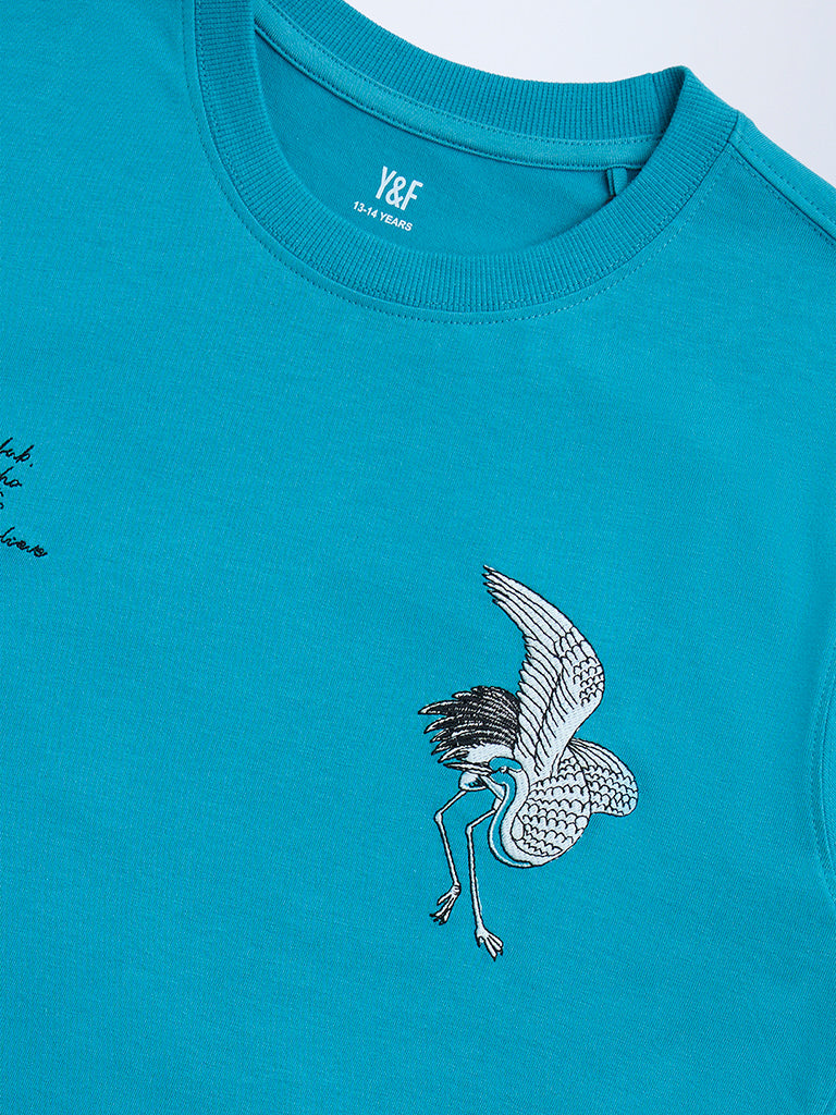 Y&F Kids Turquoise Bird Design Cotton T-Shirt