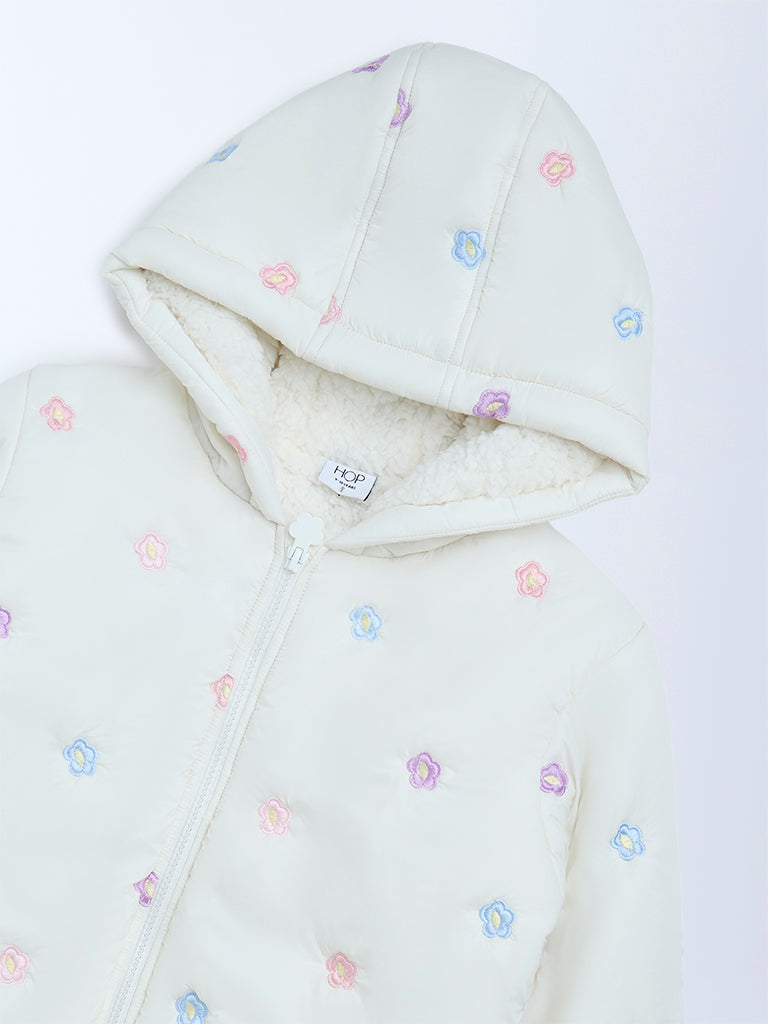 HOP Kids Off-White Floral Embroidered Hooded Jacket