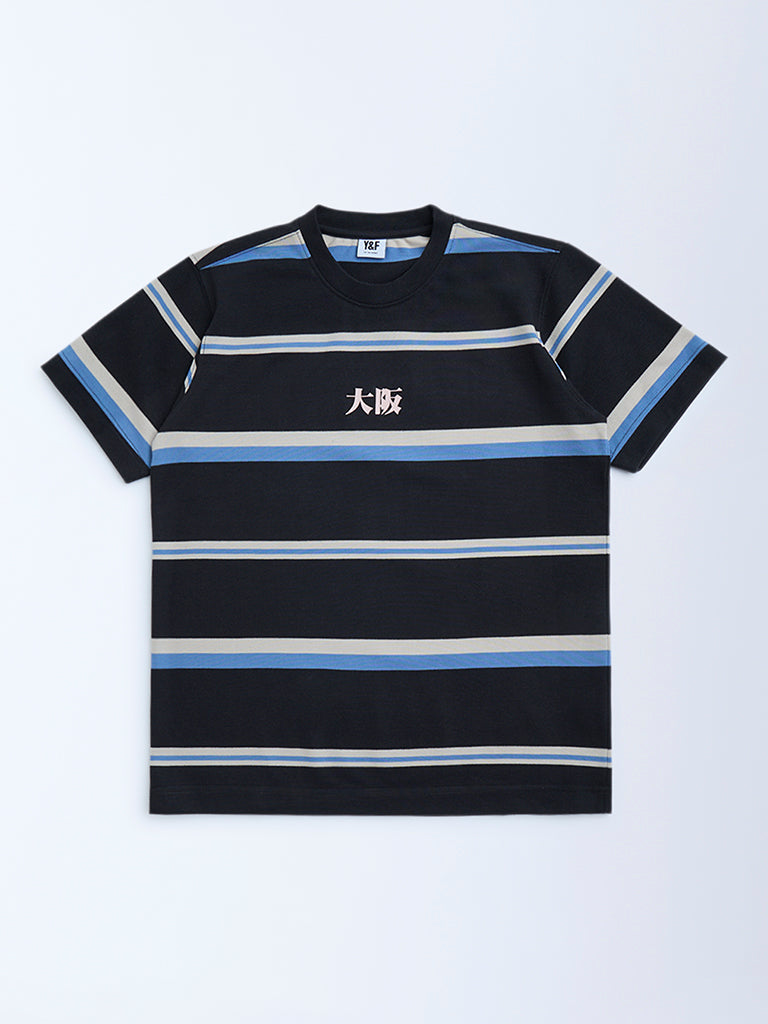 Y&F Kids Black Striped Cotton-Blend T-Shirt
