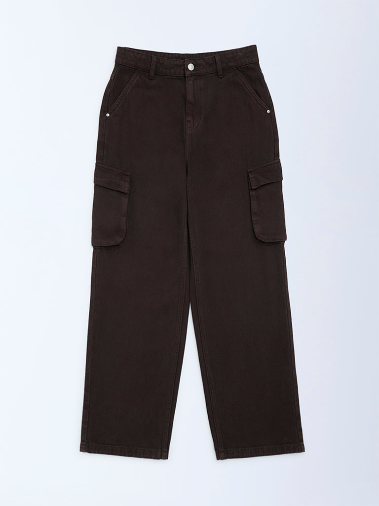 Y&F Kids Brown Relaxed-Fit Mid-Rise Jeans