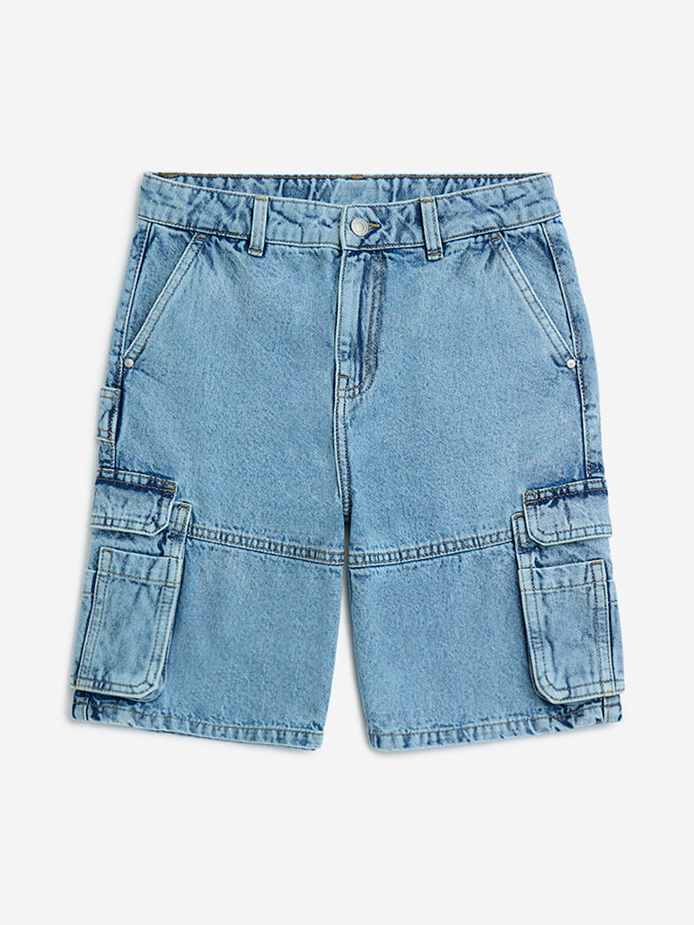Y&F Kids Light Blue Cargo-Style Mid-Rise Cotton Shorts