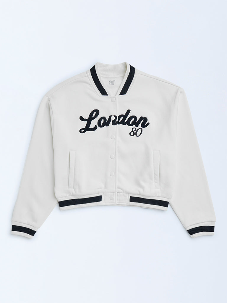 Y&F Kids Off-White Text Design Cotton-Blend Jacket