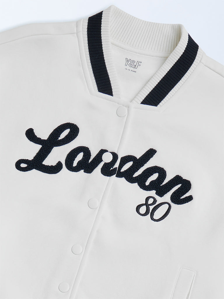 Y&F Kids Off-White Text Design Cotton-Blend Jacket