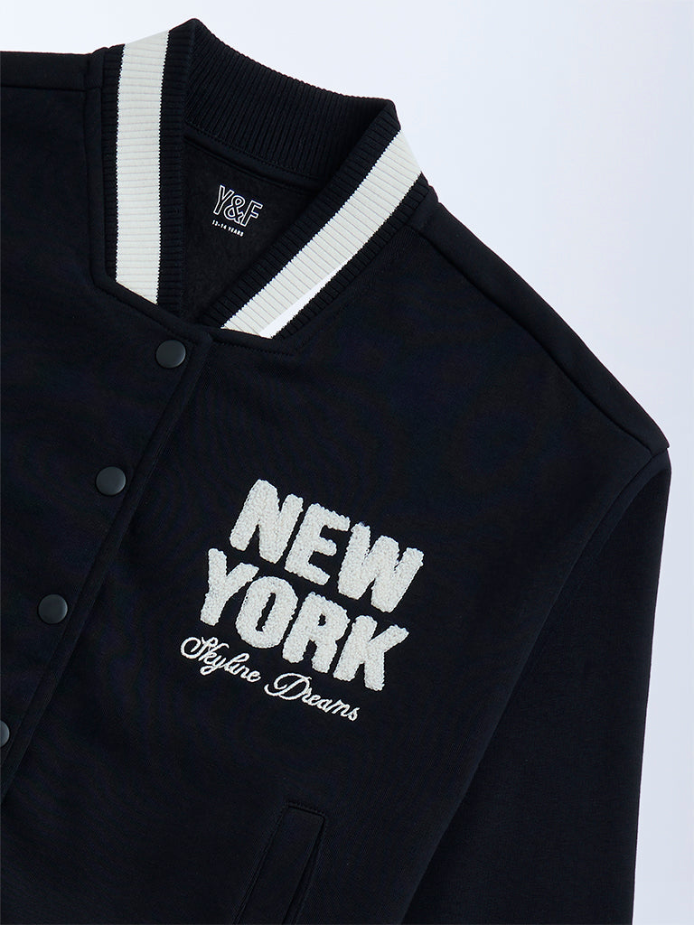 Y&F Kids Black Text Detailed Cotton-Blend Jacket
