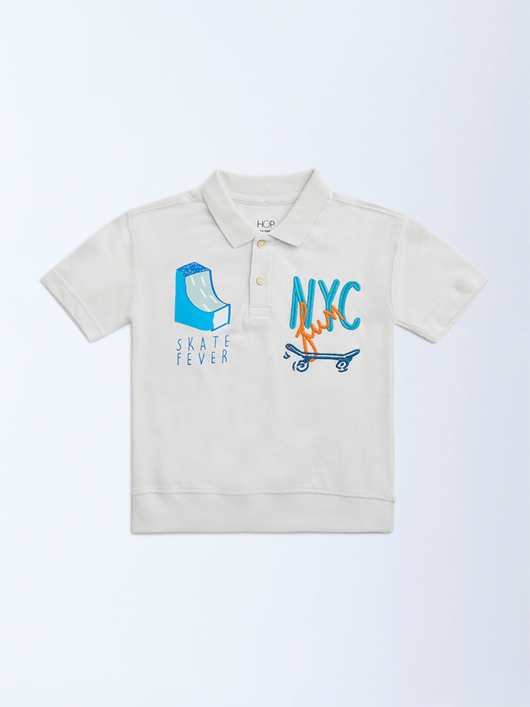 HOP Off-White Cityscape-Inspired Cotton Polo T-Shirt