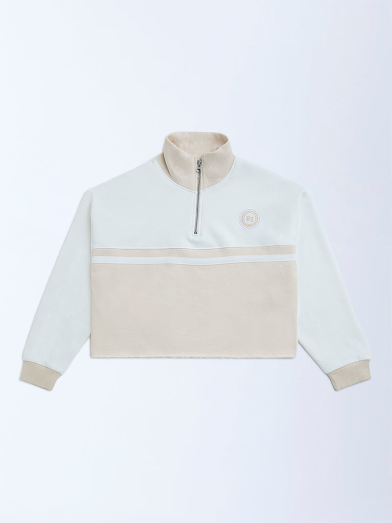 Y&F Kids Beige Cotton-Blend Three-Quarter Zip Sweatshirt