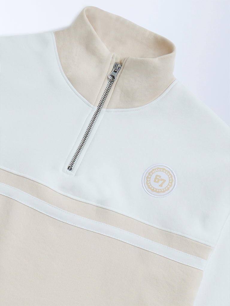 Y&F Kids Beige Cotton-Blend Three-Quarter Zip Sweatshirt
