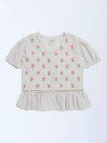 Utsa Kids Off-White Embroidered Cotton-Blend Ethnic Top - (8-14yrs)