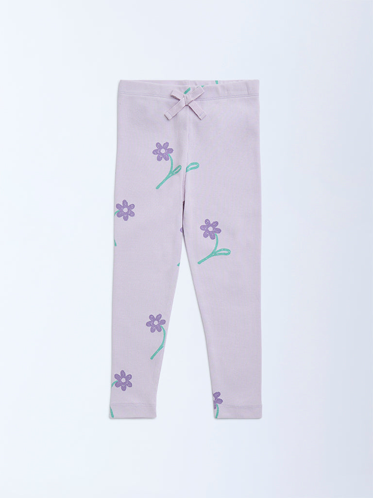 HOP Kids Lilac Floral High-Rise Cotton-Blend Leggings