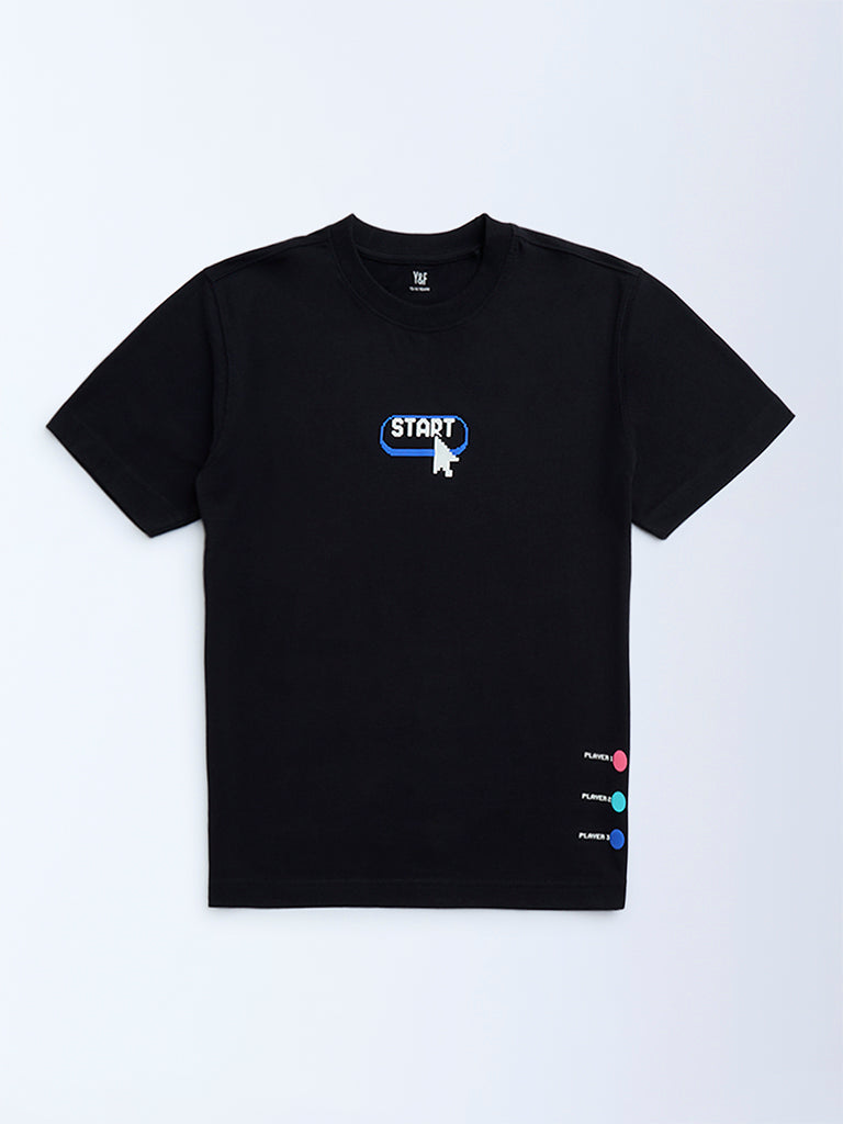 Y&F Kids Black Printed Cotton T-Shirt