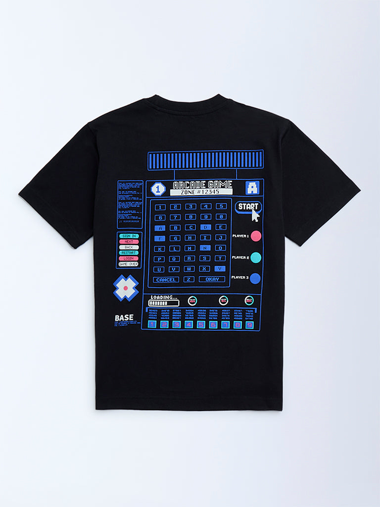 Y&F Kids Black Printed Cotton T-Shirt