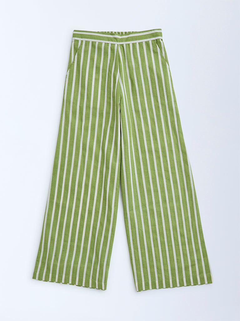 Utsa Kids Green Stripe Printed Cotton-Blend Ethnic Pants - (8-14yrs)