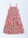 Utsa Kids Pink Foliage Detailed Tiered Dress - (8-14yrs)