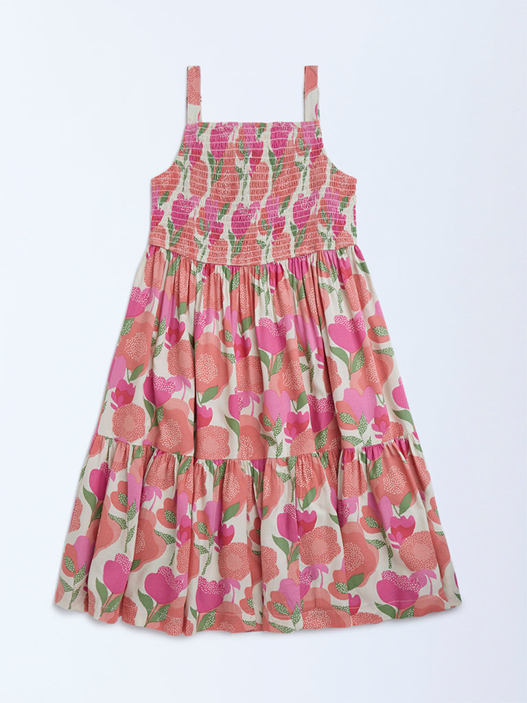 Utsa Kids Pink Foliage Detailed Tiered Dress - (8-14yrs)