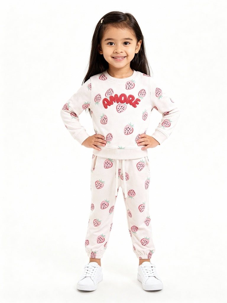 HOP Kids Pink Strawberry Design Cotton Sweatshirt with Joggers Set