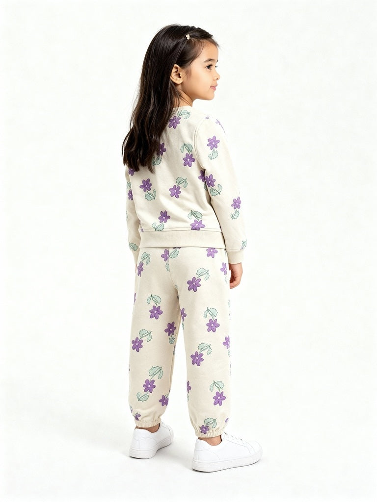 HOP Kids Beige Floral Cotton-Blend Sweatshirt with Joggers Set