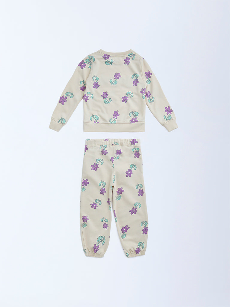 HOP Kids Beige Floral Cotton-Blend Sweatshirt with Joggers Set
