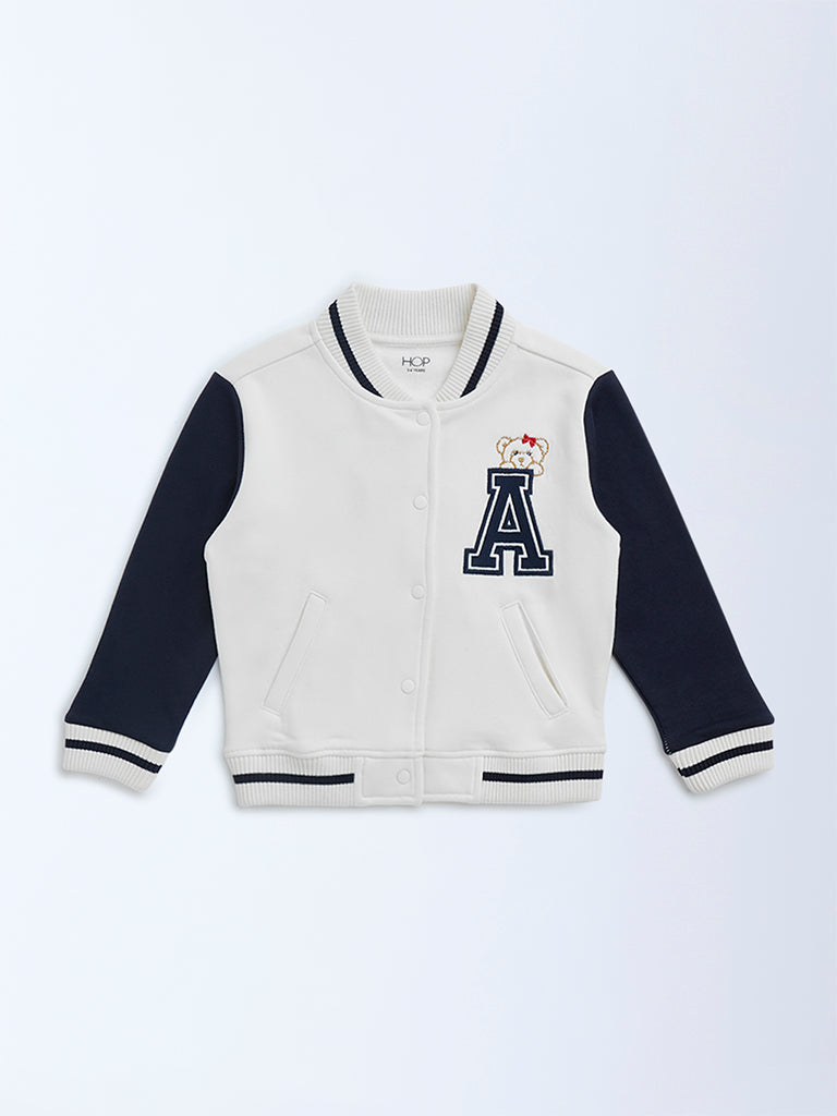 HOP Kids White Colour-Blocked Cotton-Blend Varsity Jacket