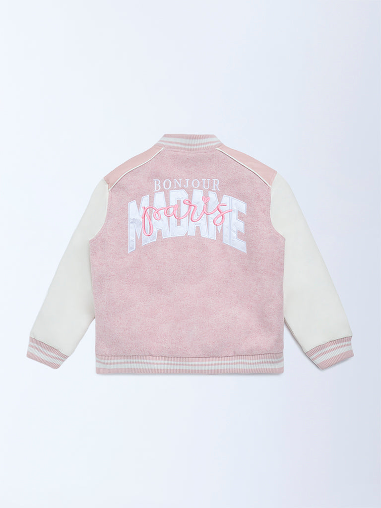 HOP Kids Dusty Pink Text Design Cotton Varsity Jacket