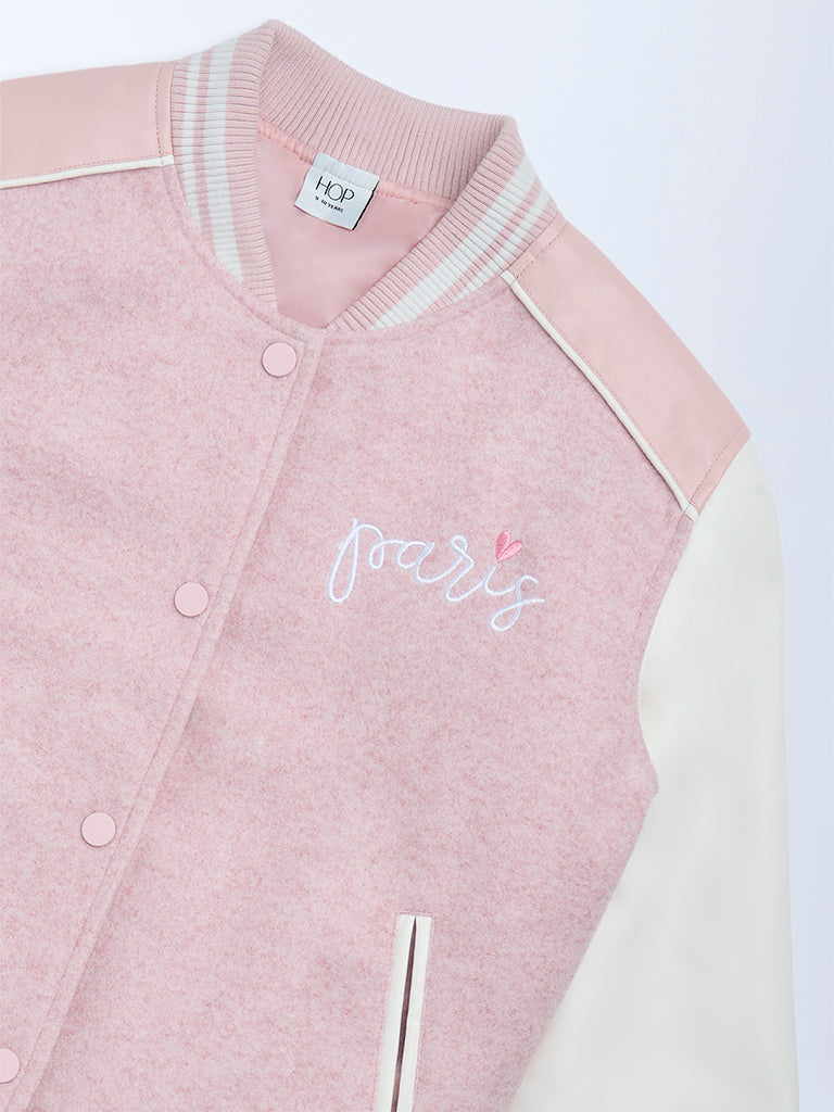 HOP Kids Dusty Pink Text Design Cotton Varsity Jacket