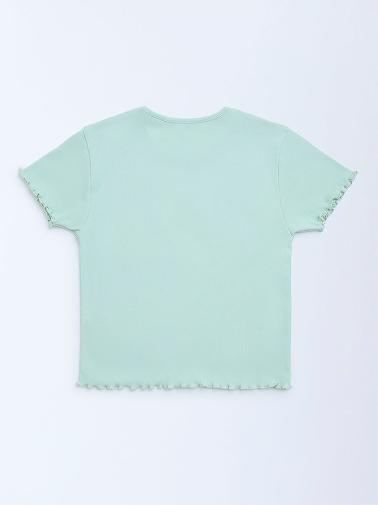 Y&F Kids Mint Text Design Ribbed Cotton-Blend T-Shirt
