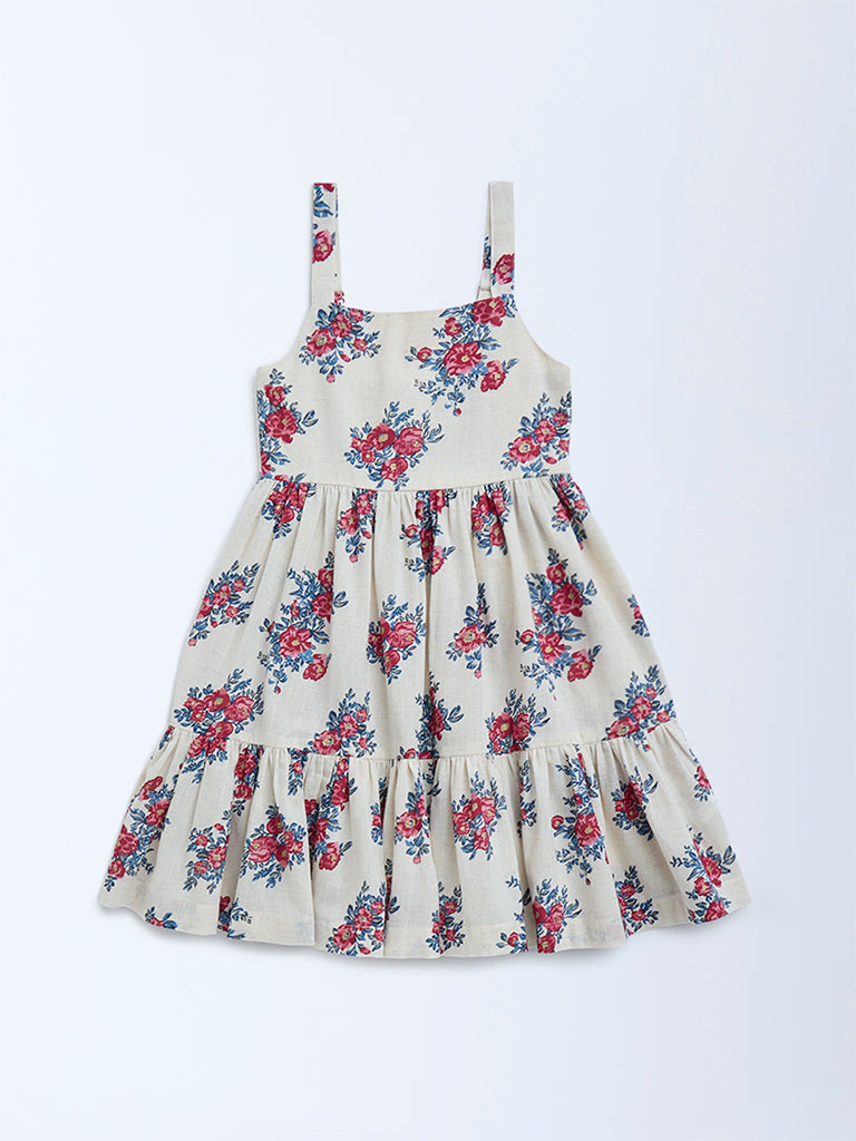 Utsa Kids Off-White Floral Design Cotton-Blend Tiered Dress - (2-8yrs)
