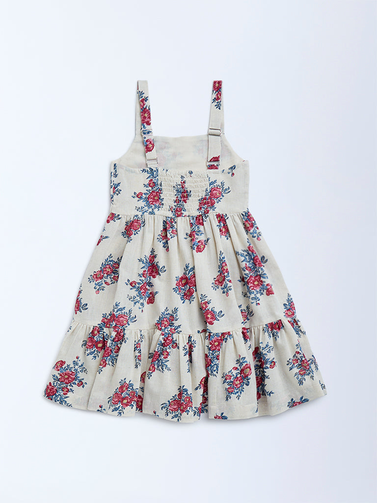 Utsa Kids Off-White Floral Design Cotton-Blend Tiered Dress - (2-8yrs)