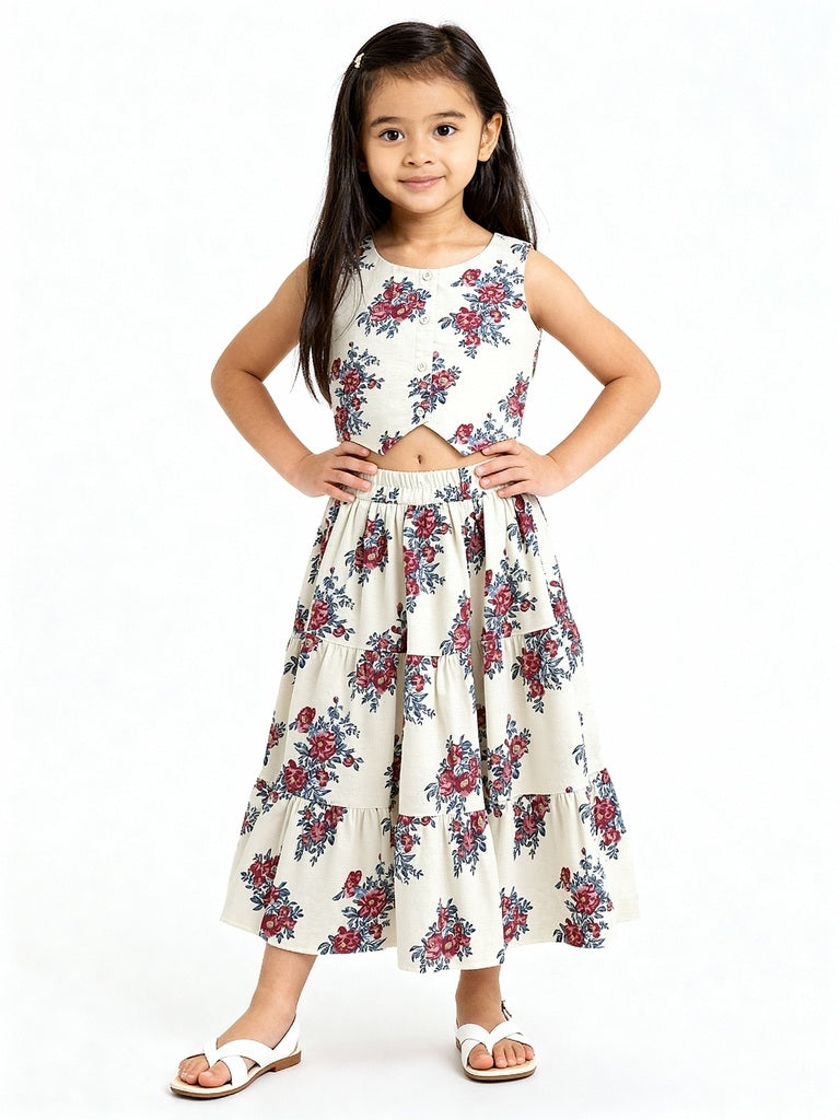 Utsa Kids Off-White Floral Pattern Cotton-Blend Vest Top - (2-8yrs)