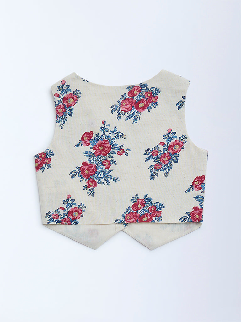 Utsa Kids Off-White Floral Pattern Cotton-Blend Vest Top - (2-8yrs)