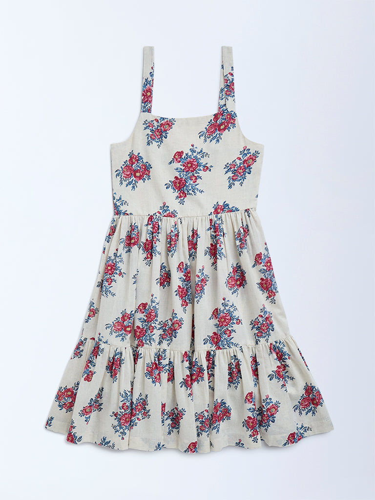 Utsa Kids Off-White Floral Design Cotton-Blend Tiered Dress - (8-14yrs)