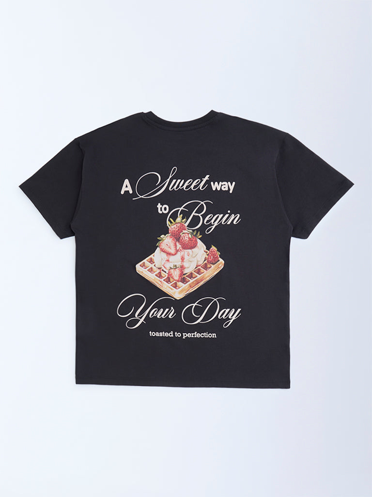 Y&F Kids Black Printed Cotton T-Shirt