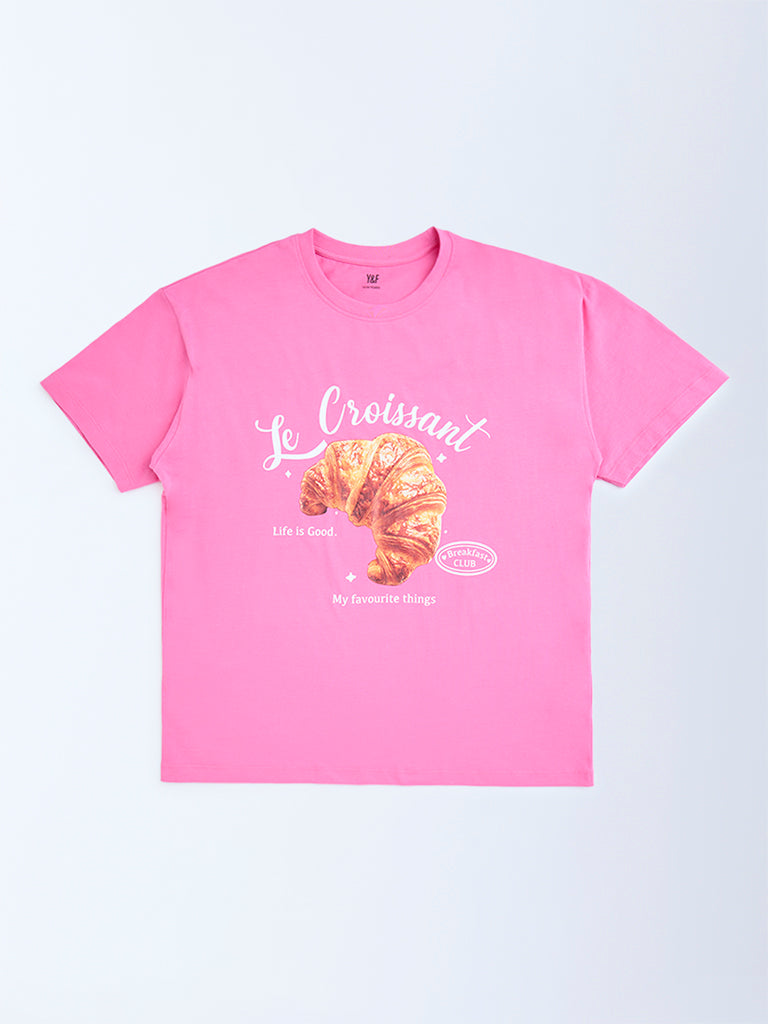 Y&F Kids Pink Printed Cotton T-Shirt