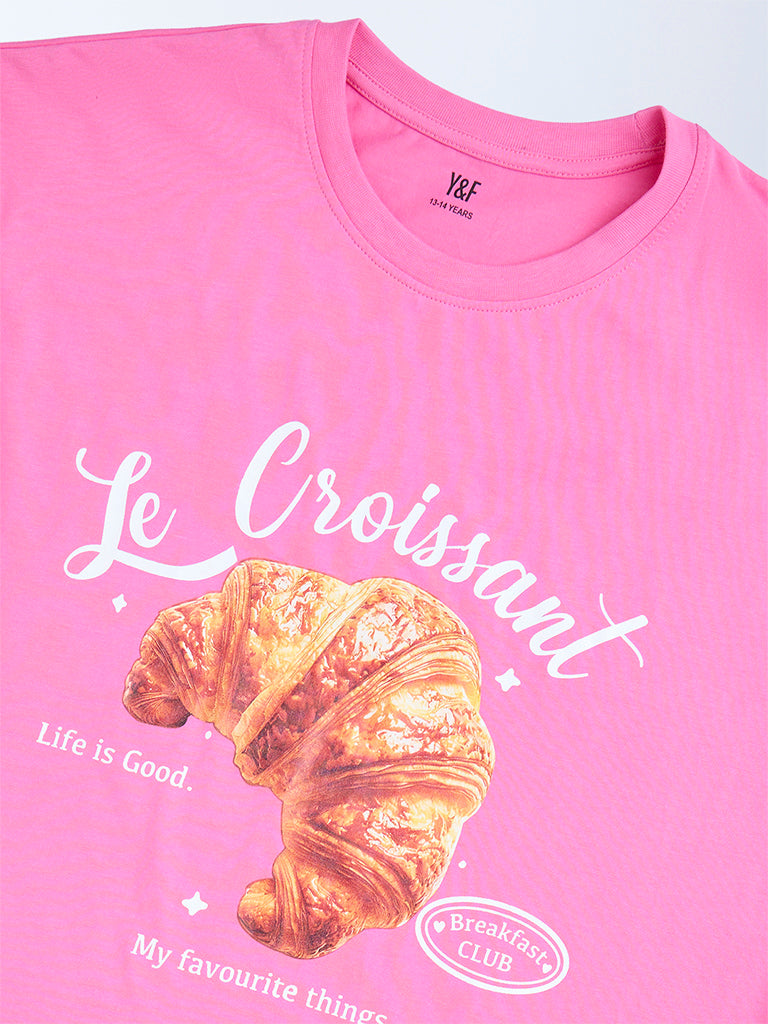 Y&F Kids Pink Printed Cotton T-Shirt