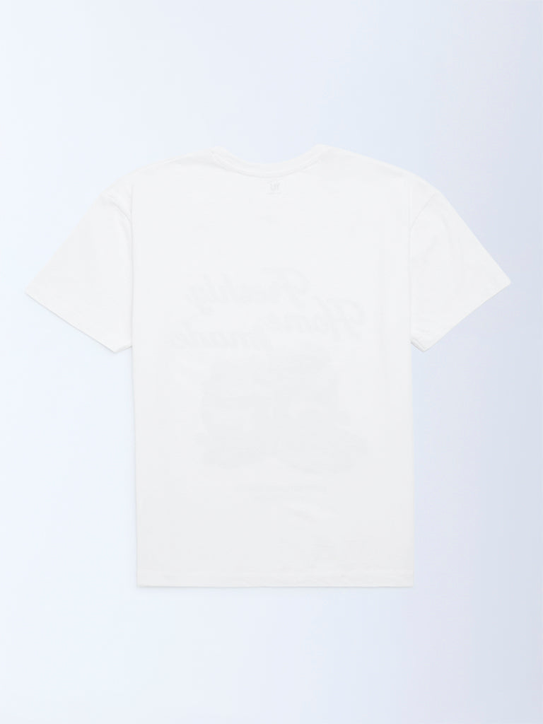 Y&F Kids White Printed Cotton T-Shirt