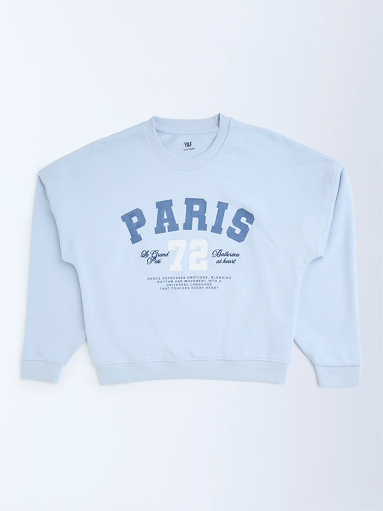 Y&F Kids Light Blue Text Design Cotton-Blend Sweatshirt