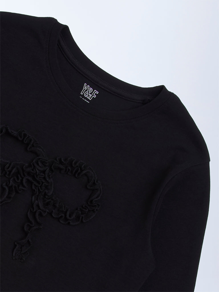 Y&F Kids Black Bow-Detailed Cotton-Blend Top