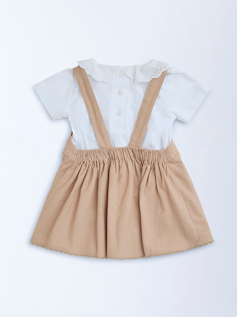 HOP Baby Tan Embroidered Cotton T-Shirt and Pinafore Set